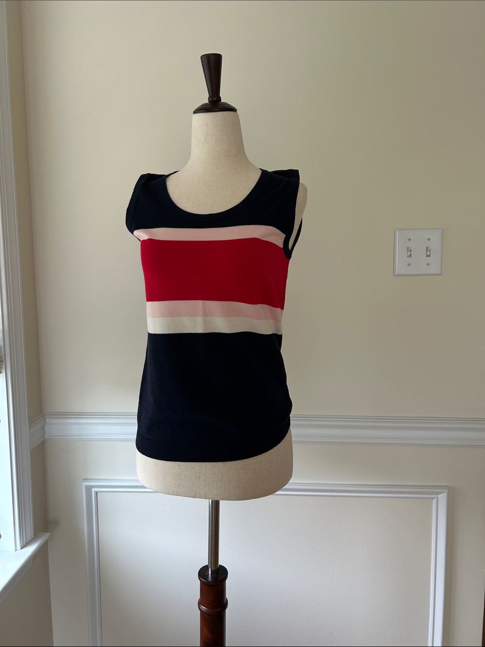 Talbots Navy Blue Sweater Set with Red and Light Pink Stripes - Picture 2 of 5